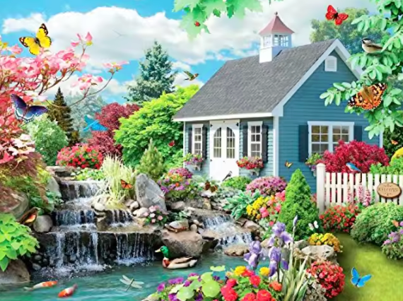 Casa com Cachoeira (35 x 45 cm) - 100% Diamantes (Quadrado) - Pronta Entrega - Kit Completo