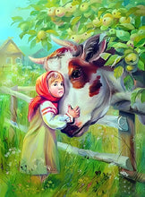 Carregar imagem no visualizador da galeria, A Menina e a Vaca - 100% Diamantes (Quadrado) - Kit Completo - Pintura com Diamantes
