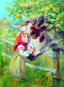 A Menina e a Vaca - 100% Diamantes (Quadrado) - Kit Completo - Pintura com Diamantes