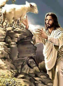 Jesus e a Ovelha 2023 - 100% Diamantes (Quadrado) - Kit Completo - Pintura com Diamantes