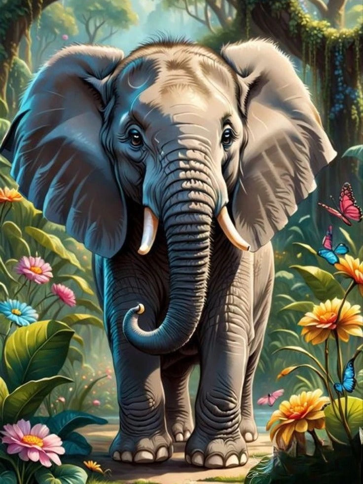 Elefante Lindo (30 x 40 cm) - 100% Diamantes (Quadrado) - Pronta Entrega - Kit Completo