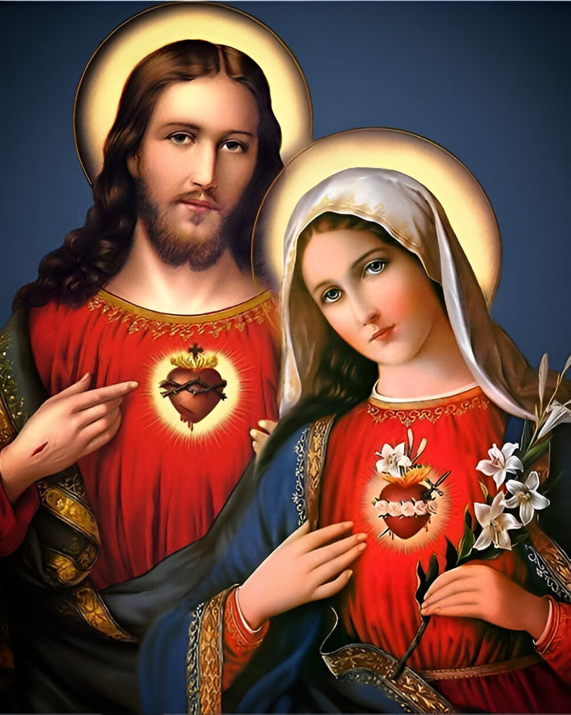 Sagrado Coração de Jesus e Maria - 100% Diamantes (Quadrado) - Kit Completo