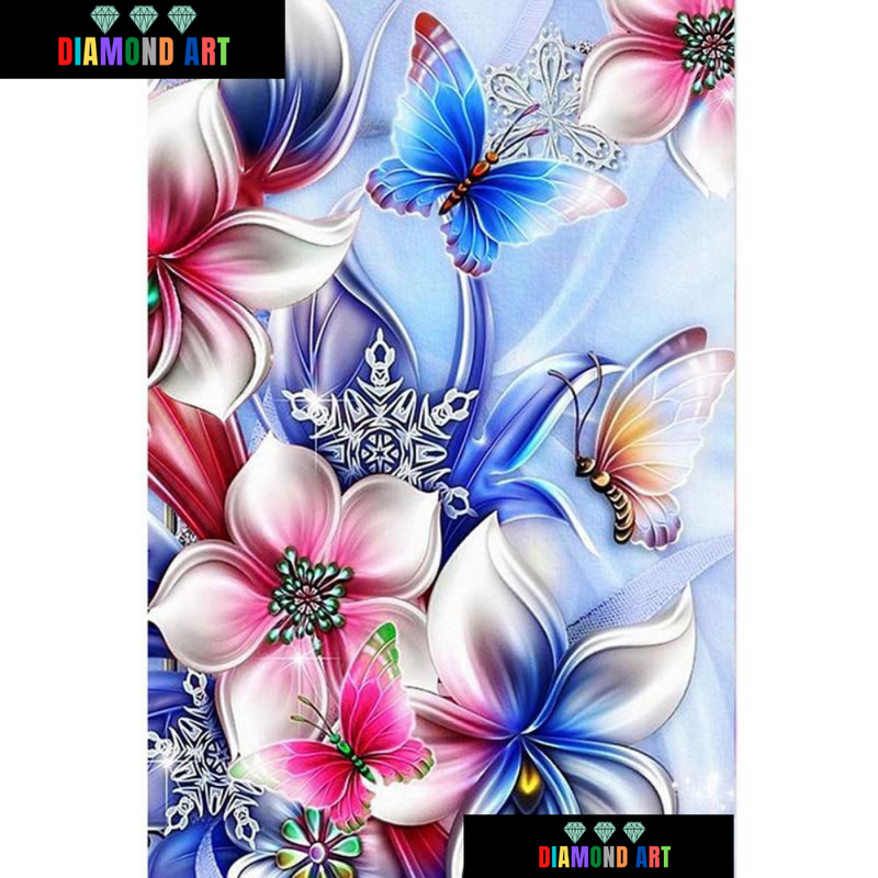 Flores Rosas e Azuis - 100% Diamantes (Kit Completo)