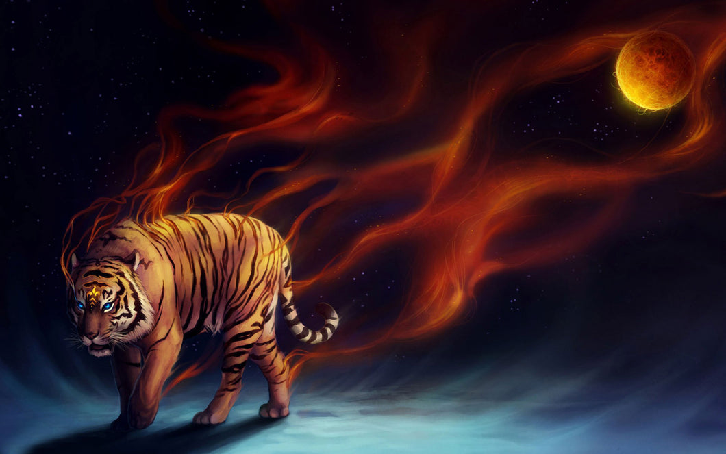 Tigre Iluminado 4 - 100% Diamantes (Quadrado) - Kit Completo
