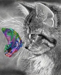 Gatinho e a Borboleta 2023/4 - 100% Diamantes (Quadrados) - Kit Completo - Pintura em Diamantes