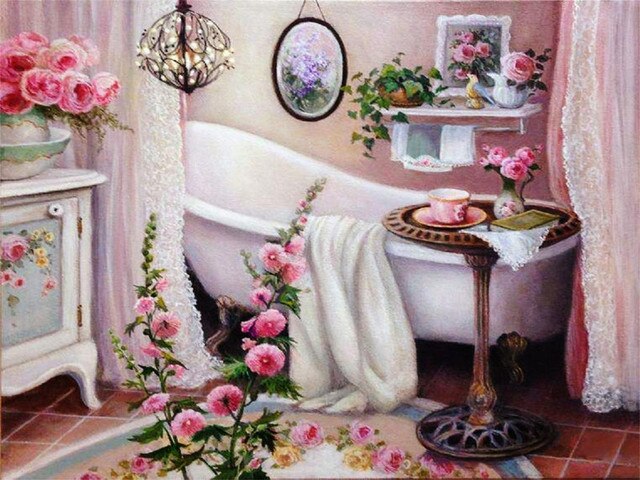 Banheiro com Flores - 100% Diamantes (Kit Completo) - Pintura com Diamantes